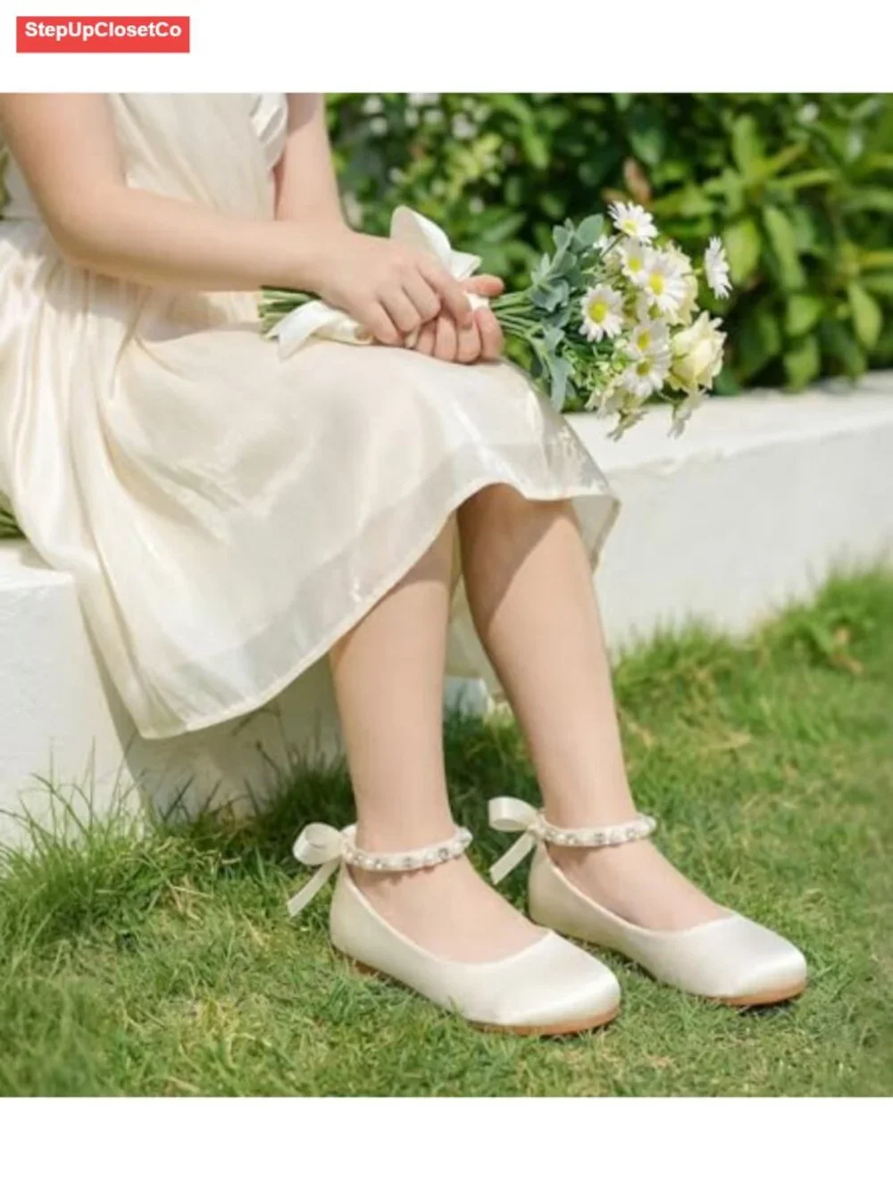Toddler Girl Satin Mary Jane Flats with Rhinestone Pearl Strap Princess Shoes